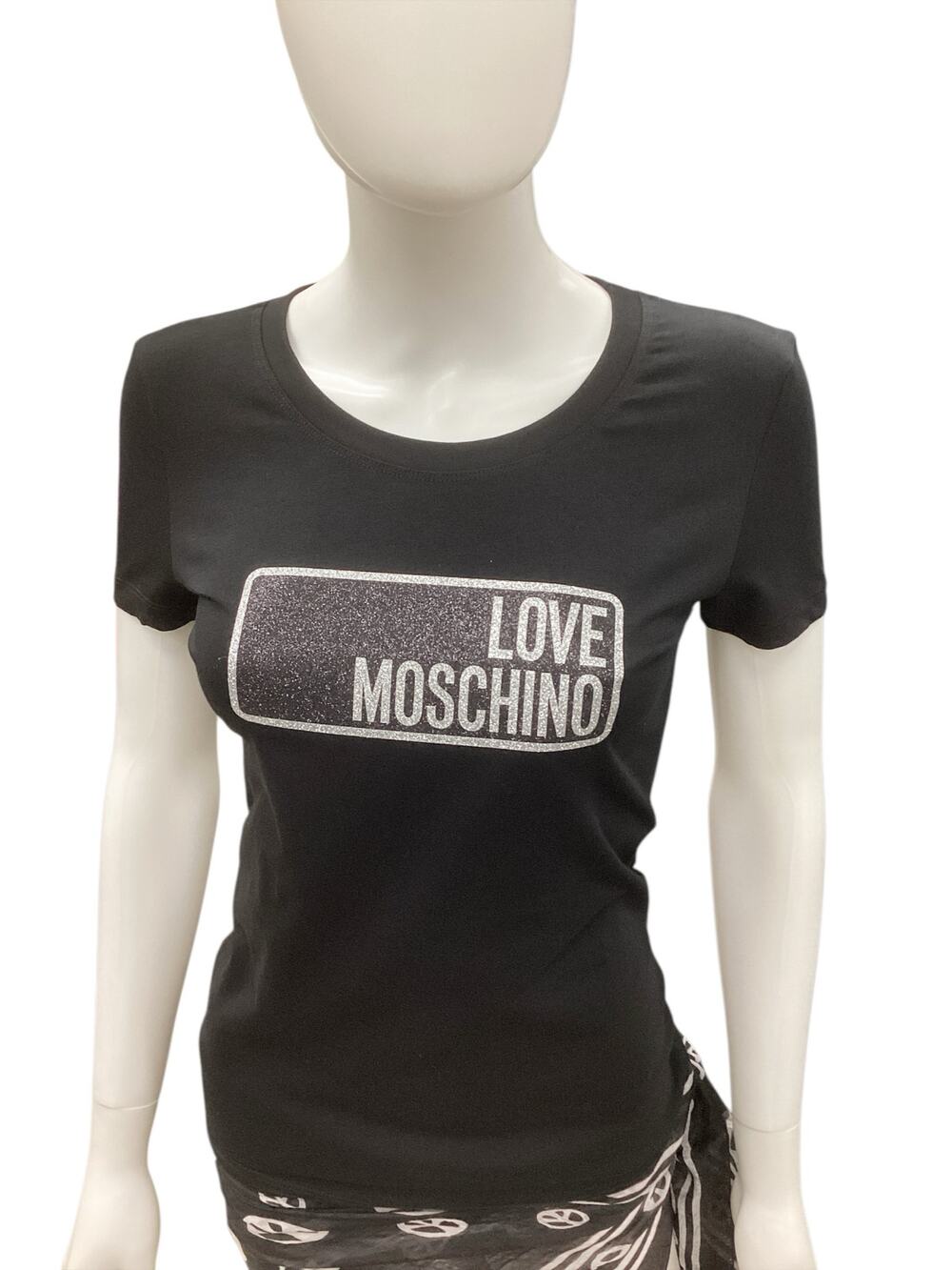 NWOT Love Moschino T-Shirt Women’s Size S Cotton Glitter Logo Black And Silver